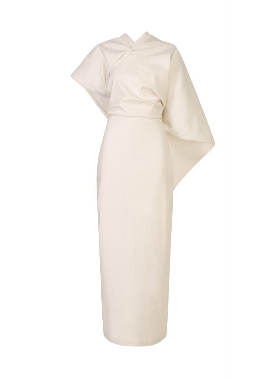 A product shot of the ISSEY MIYAKE ALLOW dress in off-white.