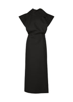 A product shot of the ISSEY MIYAKE CALLIGRAPH dress in black.