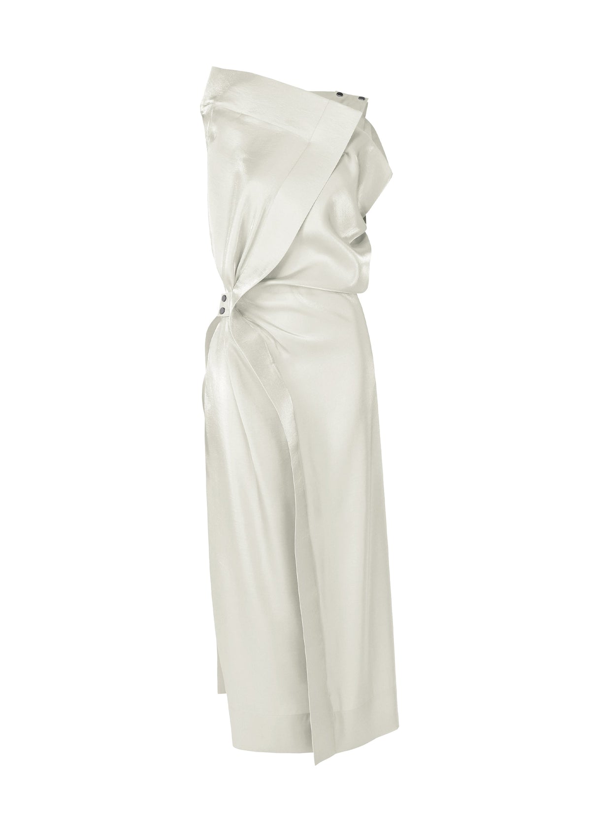 A product shot of the ISSEY MIYAKE MERCURY dress in light gray.