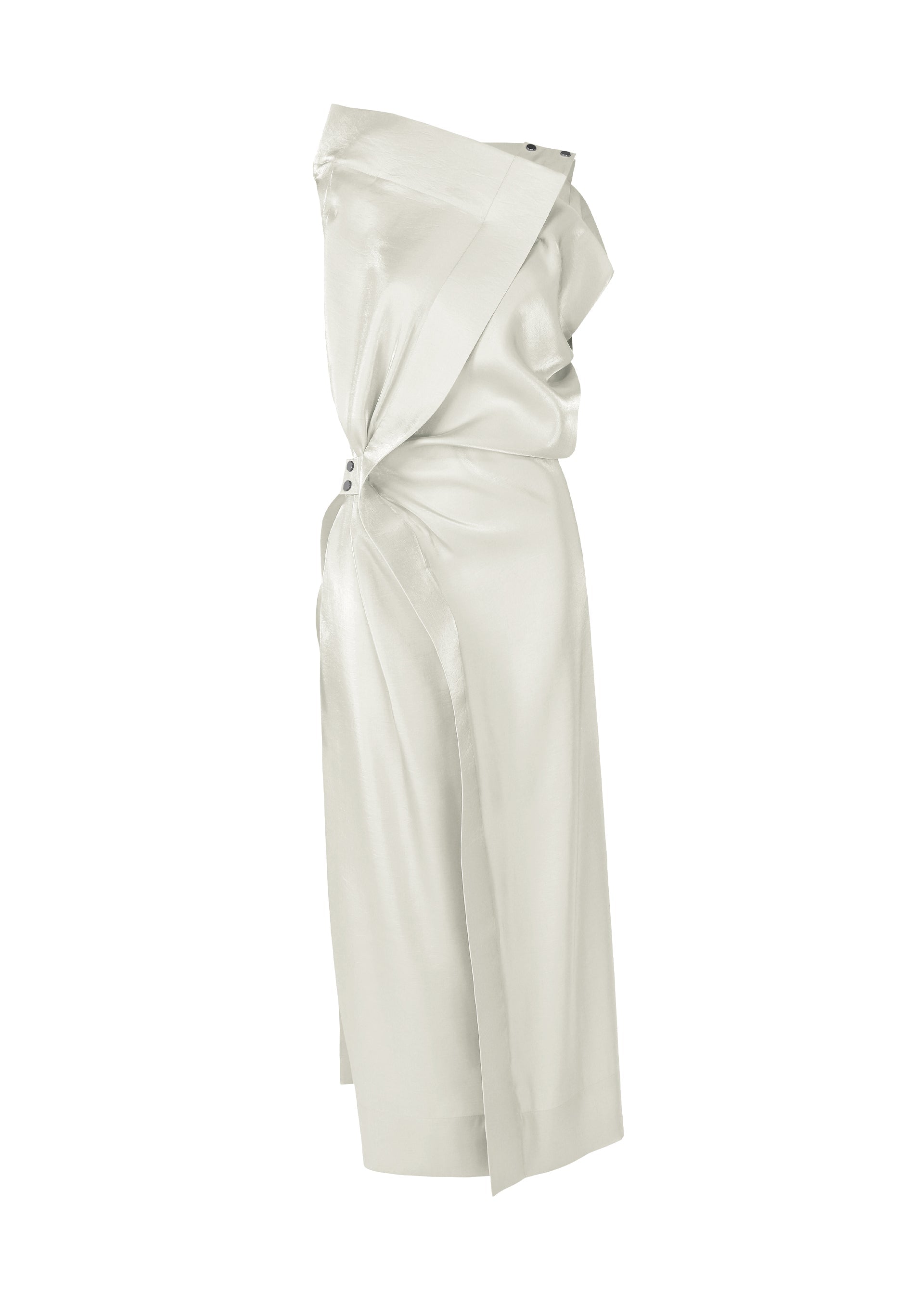 A product shot of the ISSEY MIYAKE MERCURY dress in light gray.