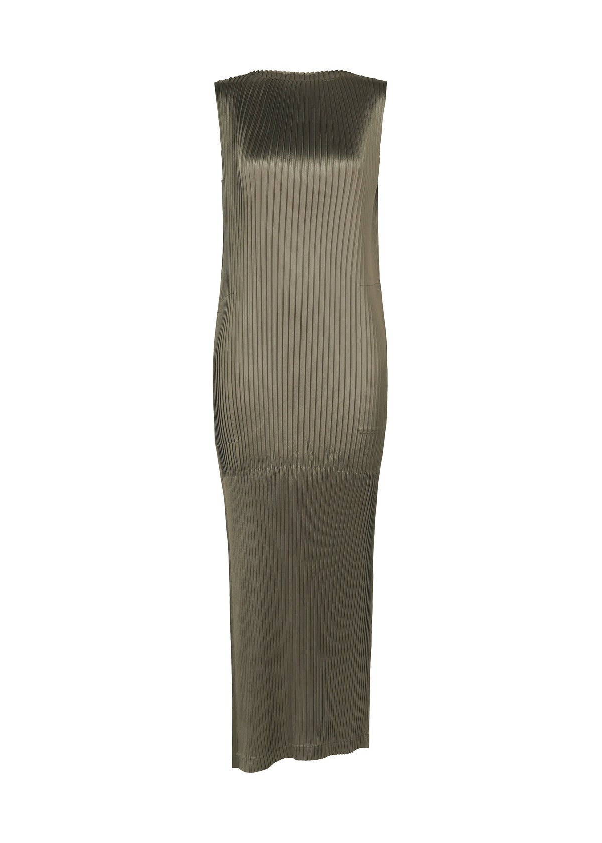 A product shot of the ISSEY MIYAKE GLOSSED PANELS PLEATS dress in gray.