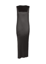 A product shot of the ISSEY MIYAKE GLOSSED PANELS PLEATS dress in black.
