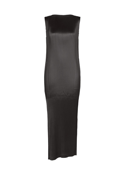 A product shot of the ISSEY MIYAKE GLOSSED PANELS PLEATS dress in black.