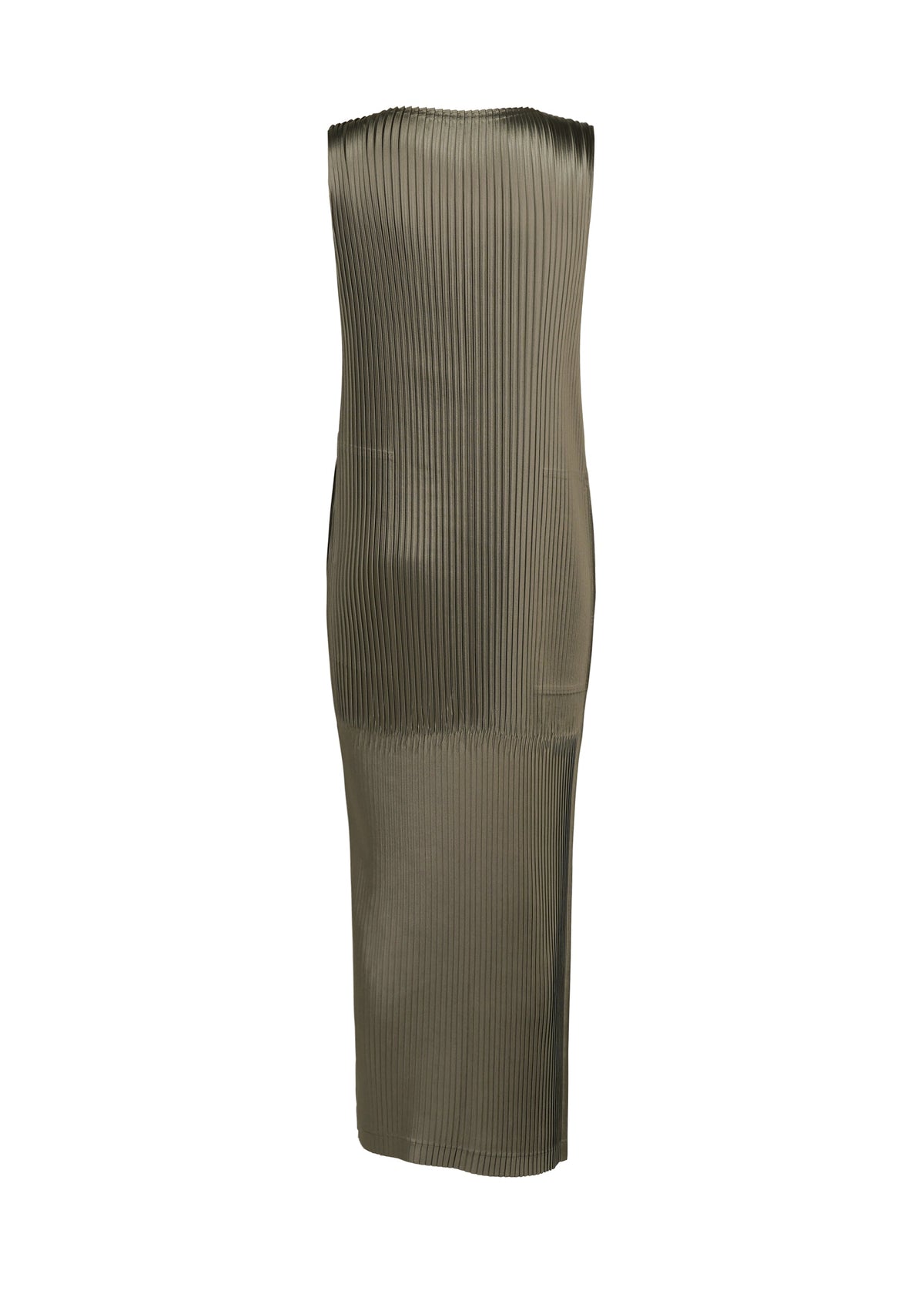 A detail shot of the ISSEY MIYAKE GLOSSED PANELS PLEATS dress.