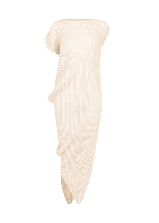 A product shot of the ISSEY MIYAKE LEAF PLEATS dress in off-white.