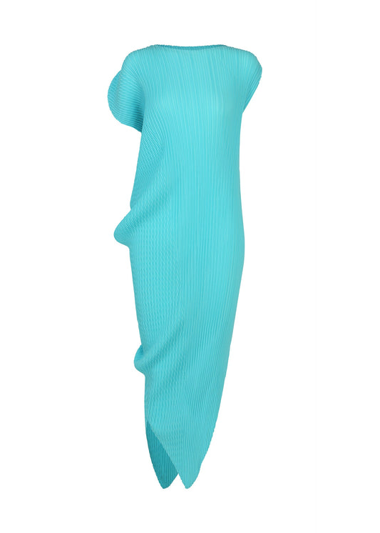A product shot of the ISSEY MIYAKE LEAF PLEATS dress in light blue.