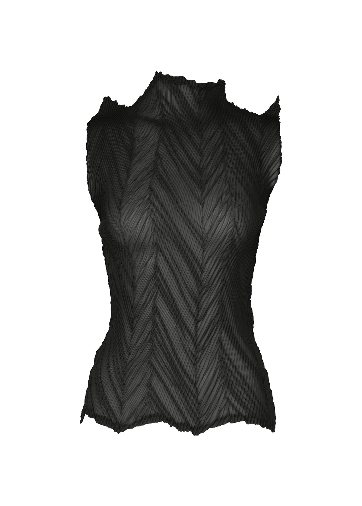 A product shot of the ISSEY MIYAKE ZIGZAG PLEATS top in black.