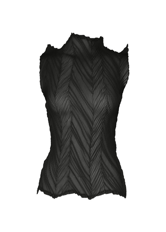 A product shot of the ISSEY MIYAKE ZIGZAG PLEATS top in black.
