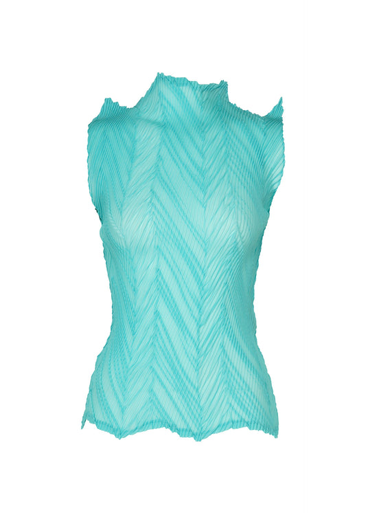 A product shot of the ISSEY MIYAKE ZIGZAG PLEATS top in light blue.