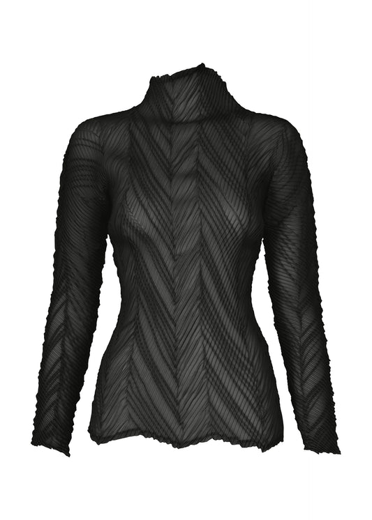 A product shot of the ISSEY MIYAKE ZIGZAG PLEATS top in black.