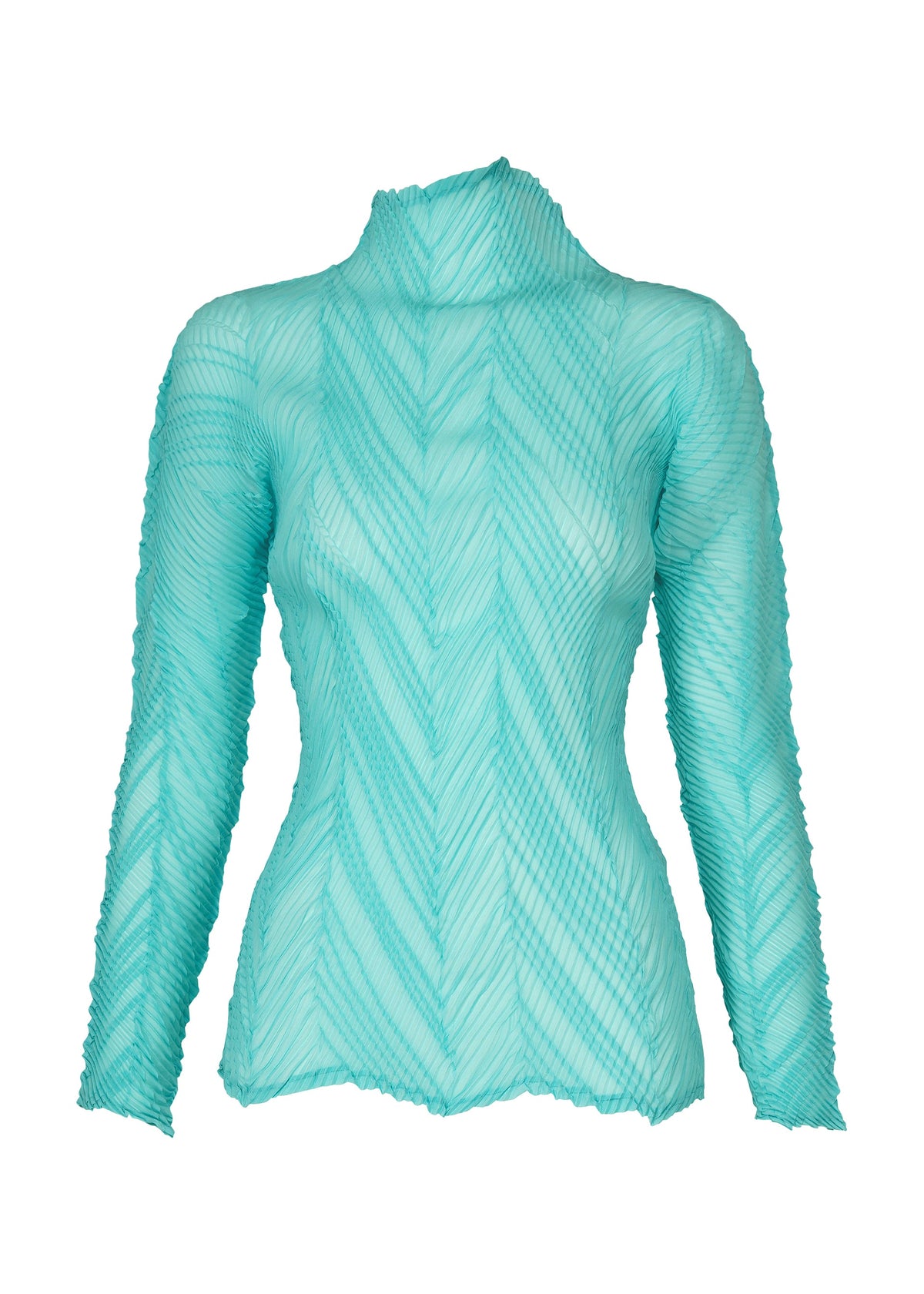 A product shot of the ISSEY MIYAKE ZIGZAG PLEATS top in light blue.