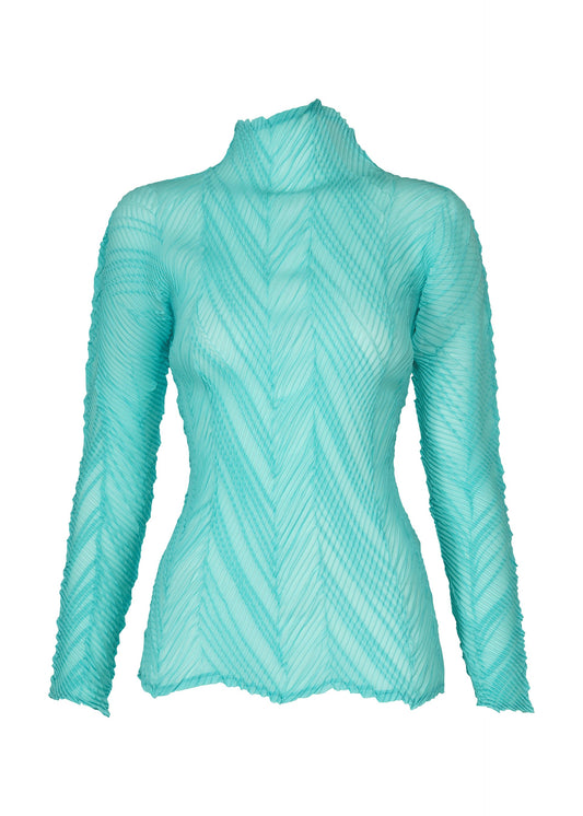 A product shot of the ISSEY MIYAKE ZIGZAG PLEATS top in light blue.
