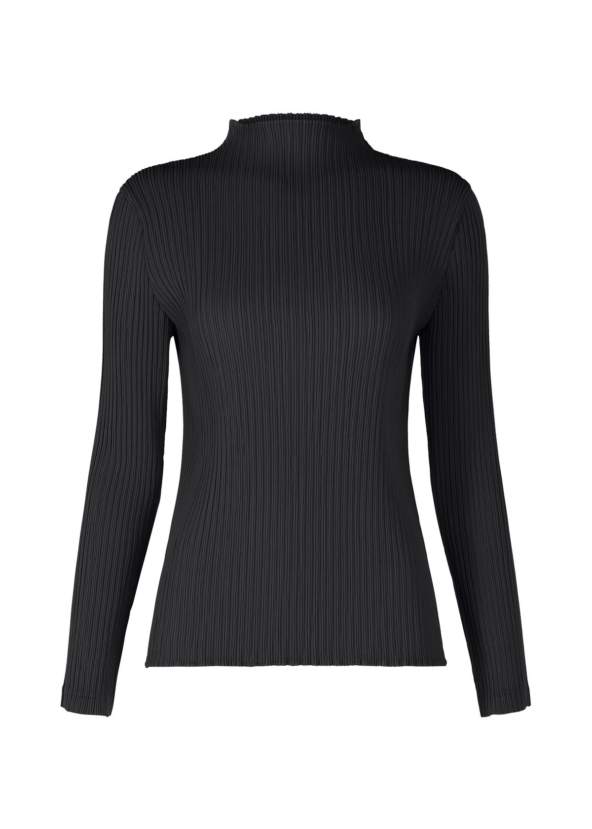 A product shot of the ISSEY MIYAKE HATCHING PLEATS top in black.