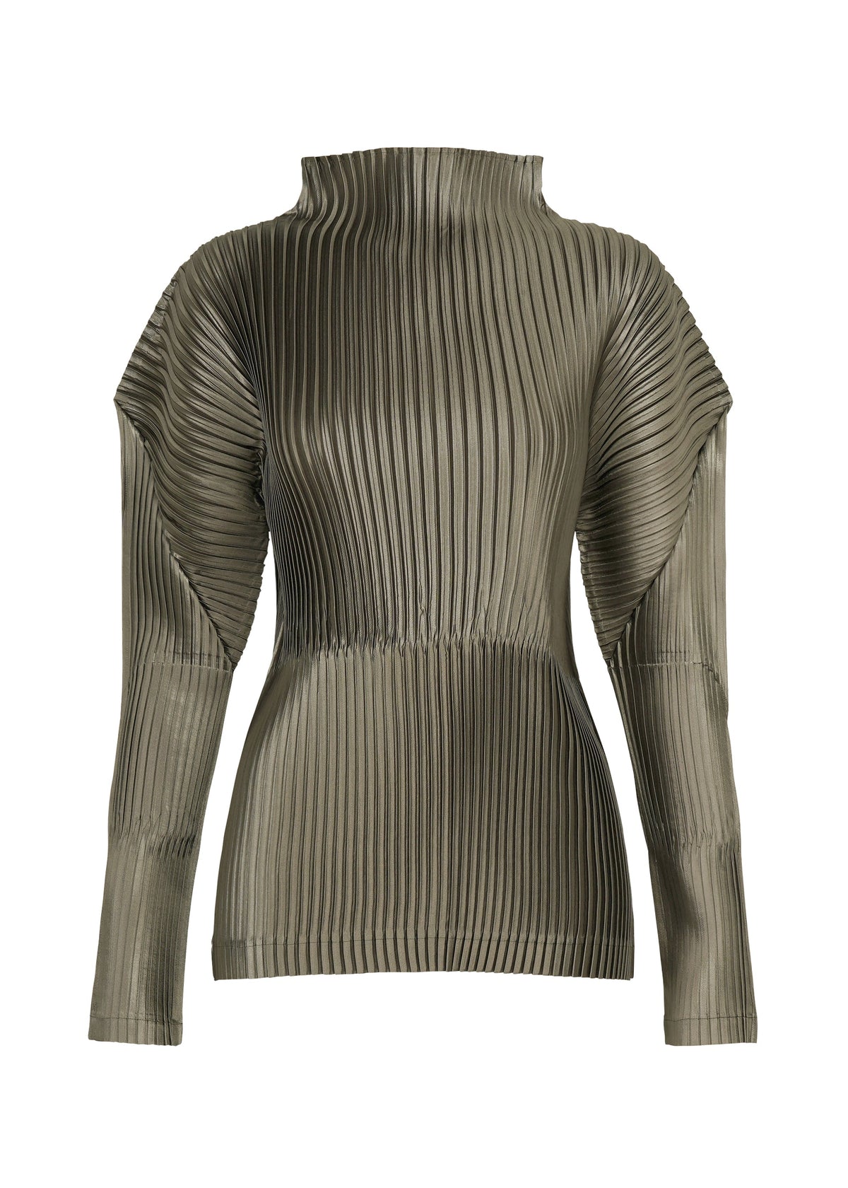 A product shot of the ISSEY MIYAKE GLOSSED PANELS PLEATS top in gray.