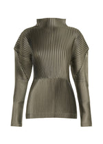A product shot of the ISSEY MIYAKE GLOSSED PANELS PLEATS top in gray.