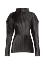 A product shot of the ISSEY MIYAKE GLOSSED PANELS PLEATS top in black.