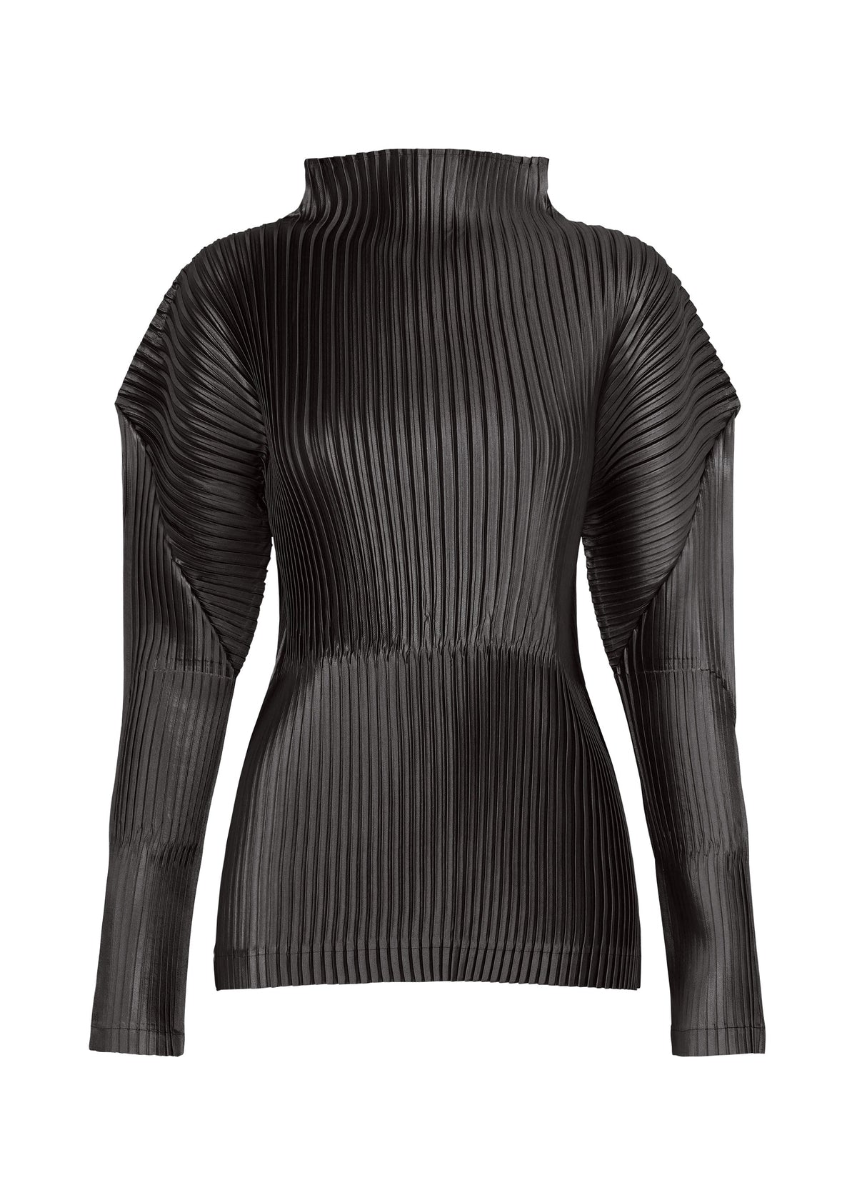 A product shot of the ISSEY MIYAKE GLOSSED PANELS PLEATS top in black.