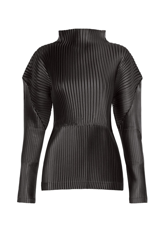 A product shot of the ISSEY MIYAKE GLOSSED PANELS PLEATS top in black.