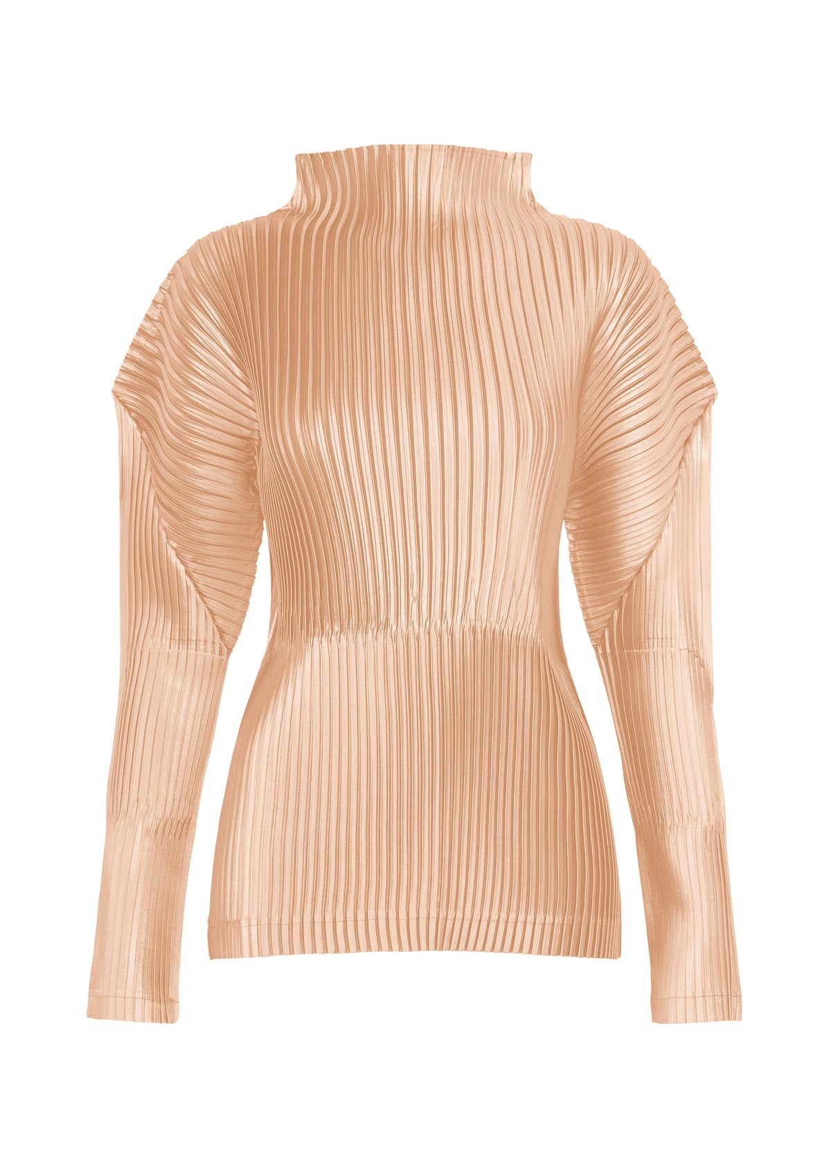 A product shot of the ISSEY MIYAKE GLOSSED PANELS PLEATS top in light pink.