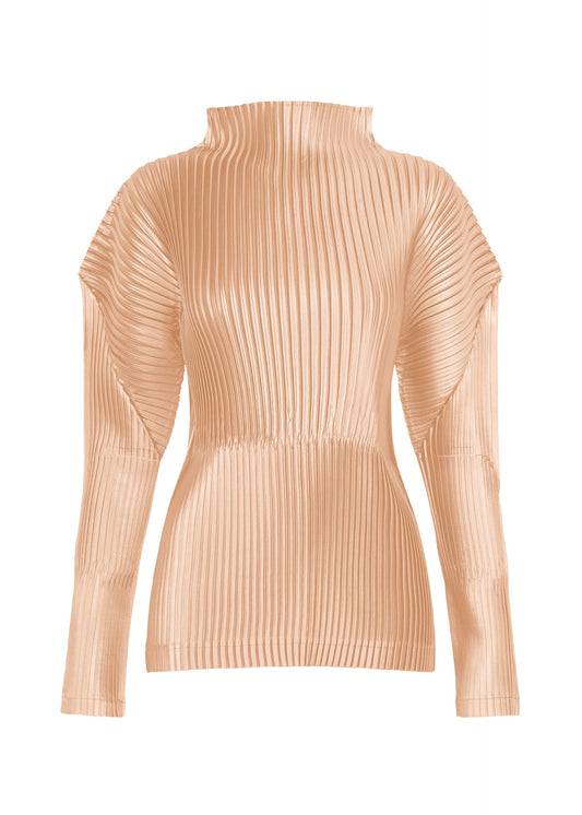 A product shot of the ISSEY MIYAKE GLOSSED PANELS PLEATS top in light pink.