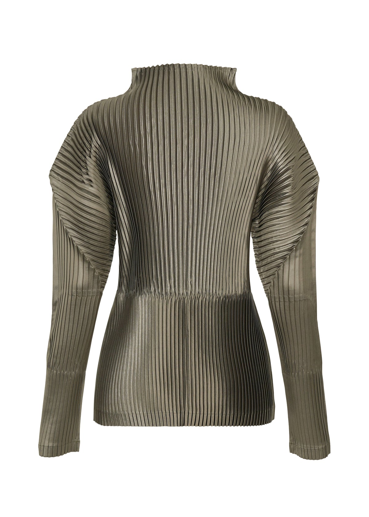 A detail shot of the ISSEY MIYAKE GLOSSED PANELS PLEATS top.
