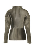 A detail shot of the ISSEY MIYAKE GLOSSED PANELS PLEATS top.