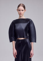 A model wears the ISSEY MIYAKE GLOSSED PANELS PLEATS glossed-panels-pleats-cropped-top-grey.