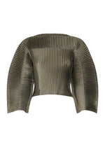 A product shot of the ISSEY MIYAKE GLOSSED PANELS PLEATS top in gray.