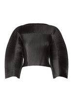A product shot of the ISSEY MIYAKE GLOSSED PANELS PLEATS top in black.