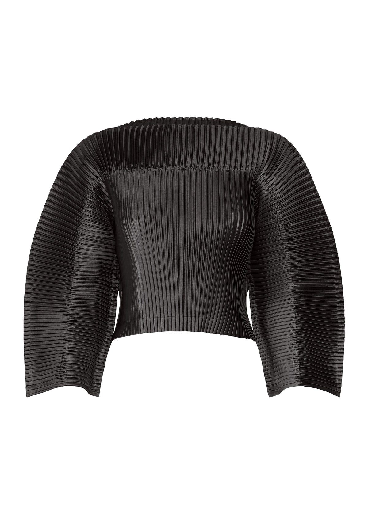 A product shot of the ISSEY MIYAKE GLOSSED PANELS PLEATS top in black.