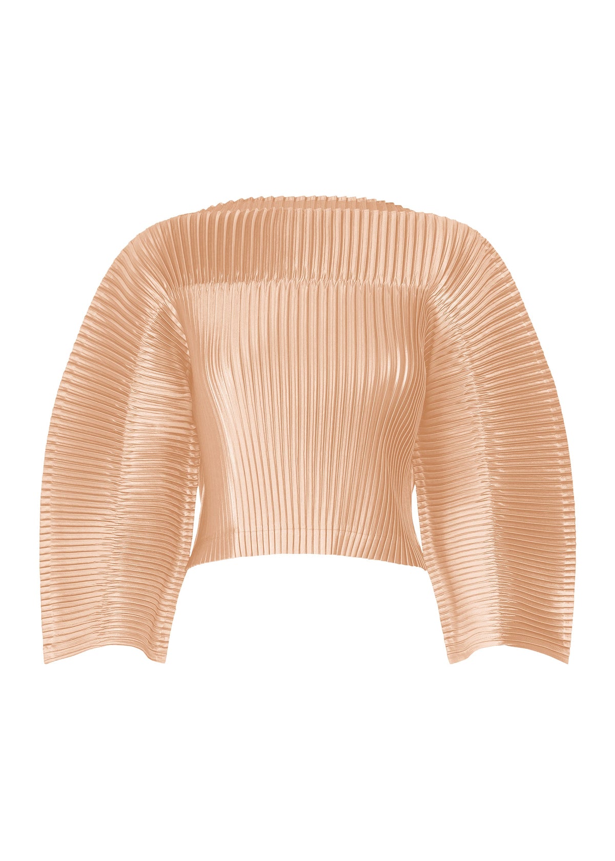 A product shot of the ISSEY MIYAKE GLOSSED PANELS PLEATS top in light pink.