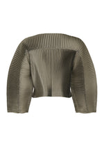 A detail shot of the ISSEY MIYAKE GLOSSED PANELS PLEATS top.