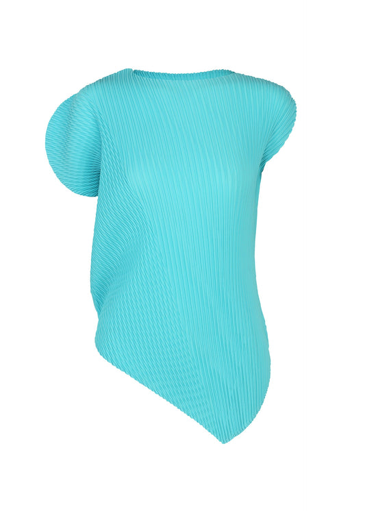 A product shot of the ISSEY MIYAKE LEAF PLEATS top in light blue.