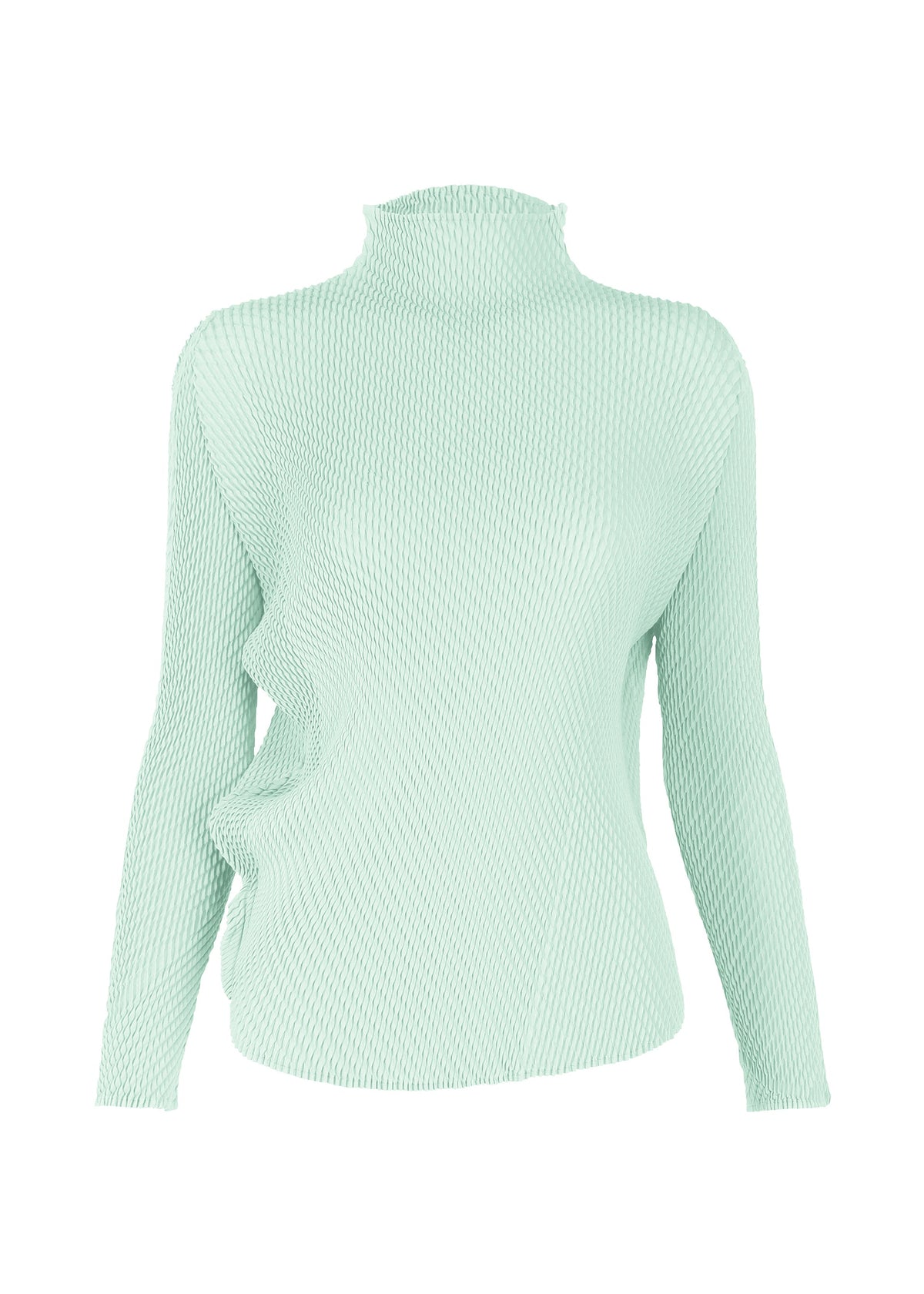 A product shot of the ISSEY MIYAKE MISTY PLEATS top in light blue.