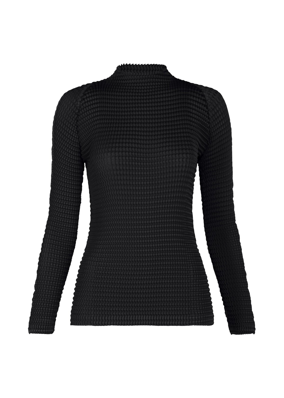 A product shot of the ISSEY MIYAKE SUEDE LIKE PLEATS top in black.