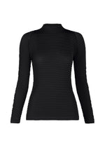 A product shot of the ISSEY MIYAKE SUEDE LIKE PLEATS top in black.