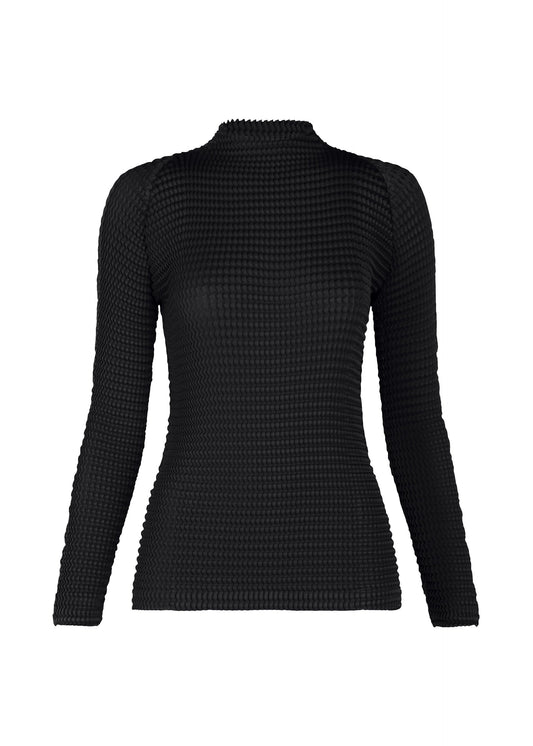 A product shot of the ISSEY MIYAKE SUEDE LIKE PLEATS top in black.