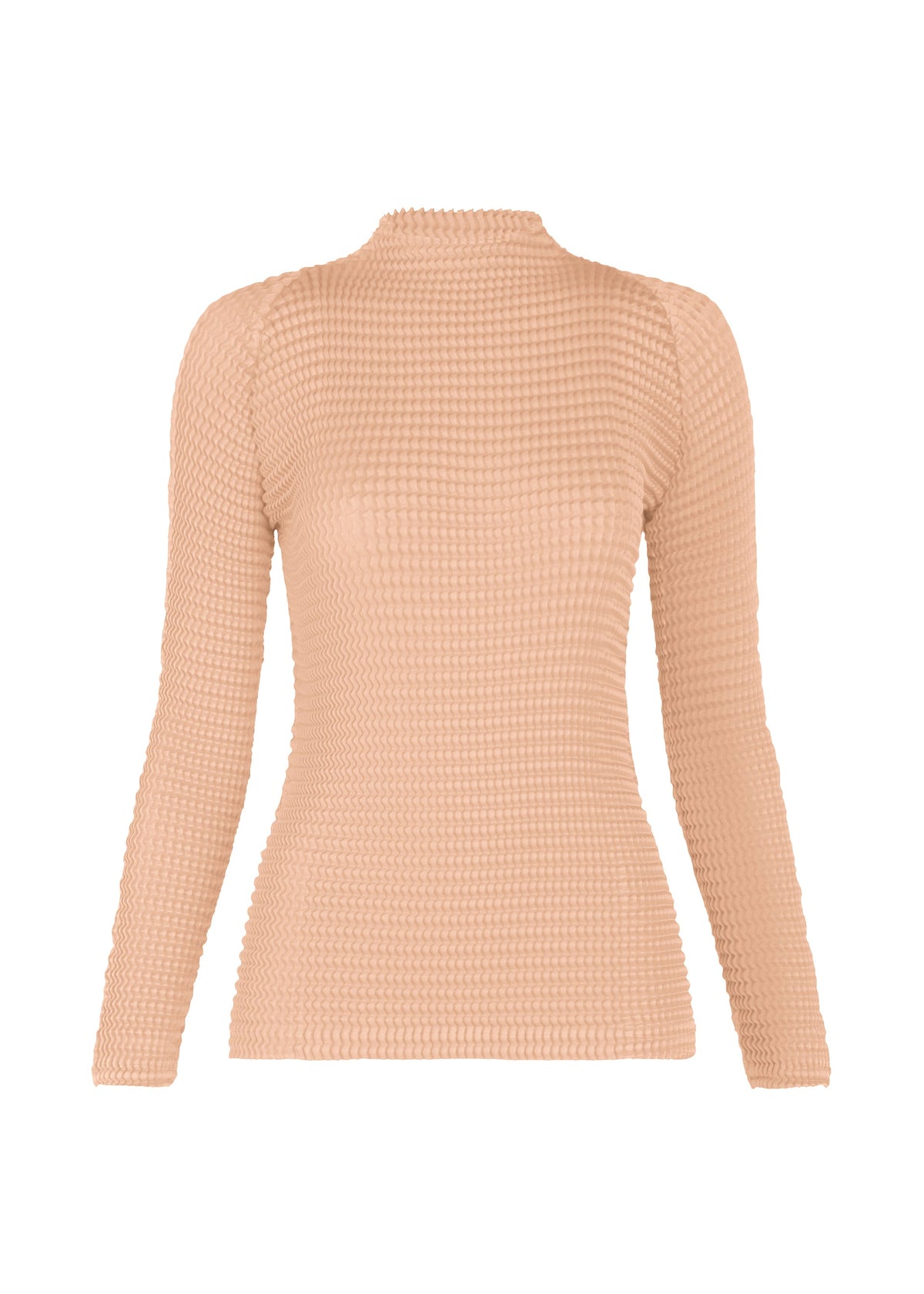A product shot of the ISSEY MIYAKE SUEDE LIKE PLEATS top in light pink.