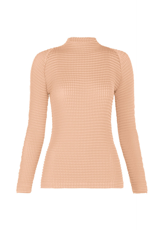 A product shot of the ISSEY MIYAKE SUEDE LIKE PLEATS top in light pink.