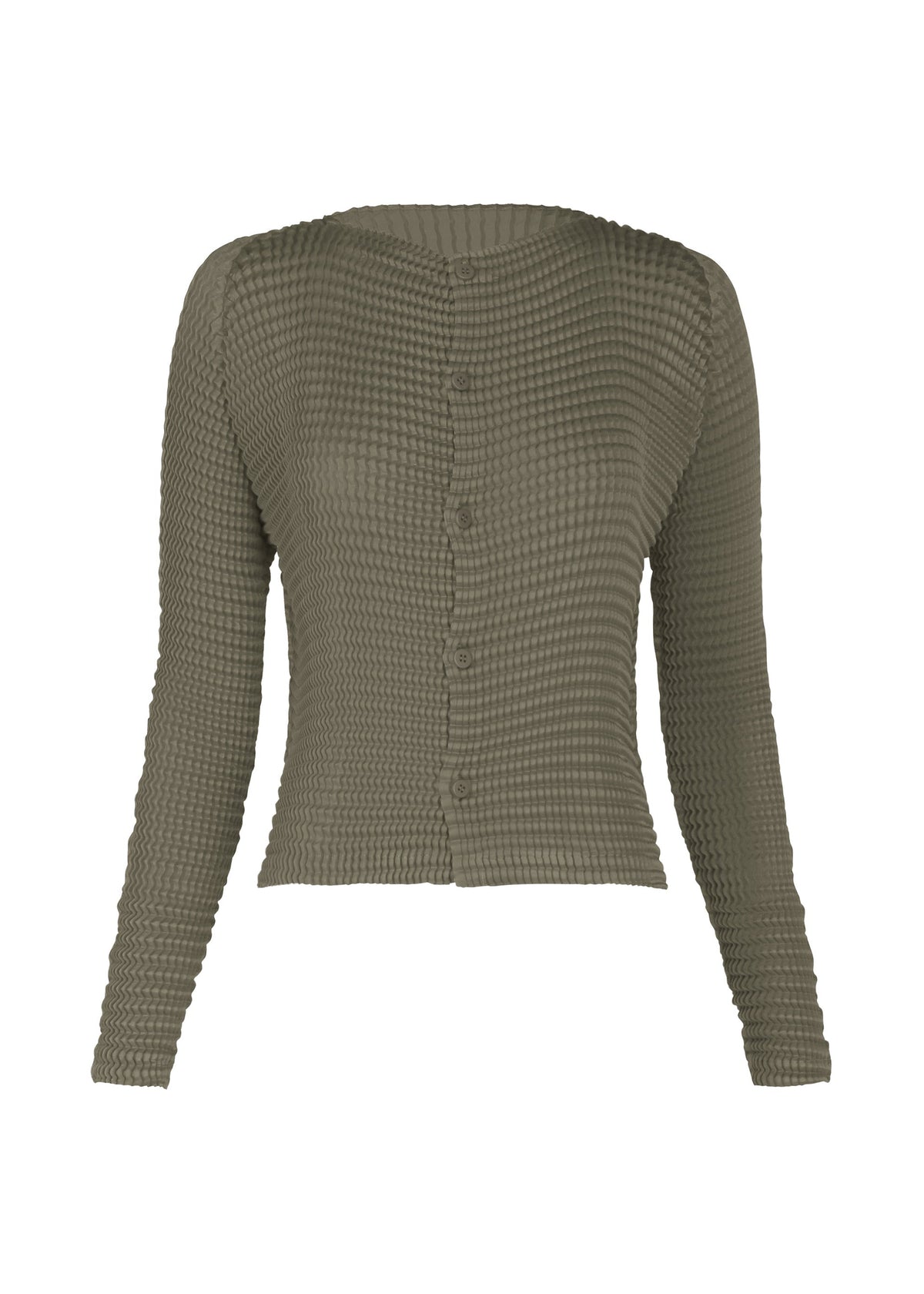 A product shot of the ISSEY MIYAKE SUEDE LIKE PLEATS cardigan in gray.