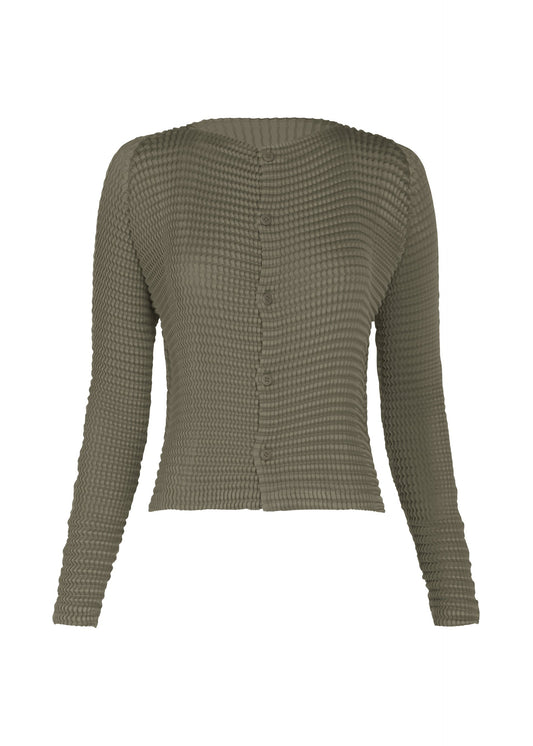 A product shot of the ISSEY MIYAKE SUEDE LIKE PLEATS cardigan in gray.