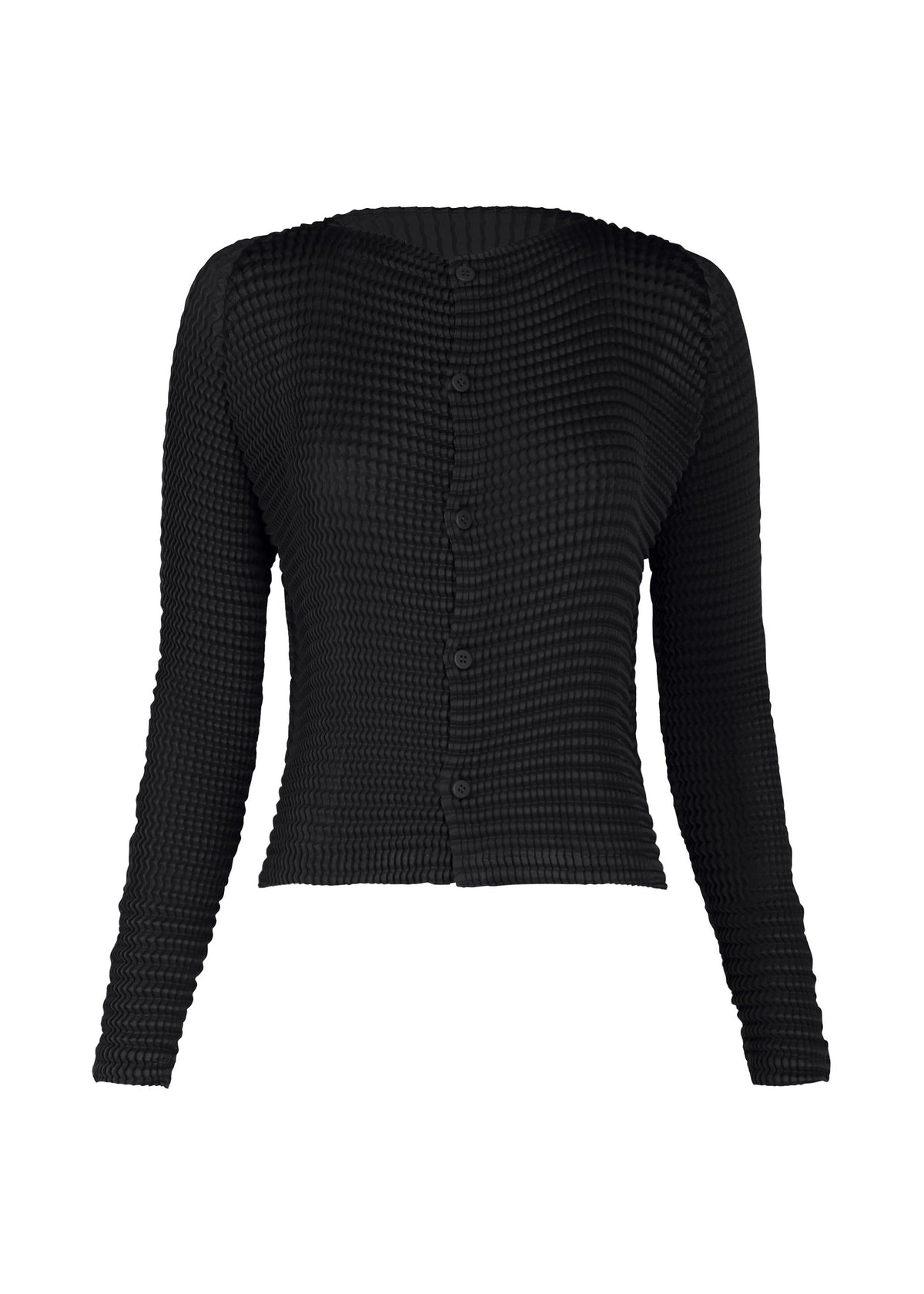 A product shot of the ISSEY MIYAKE SUEDE LIKE PLEATS cardigan in black.