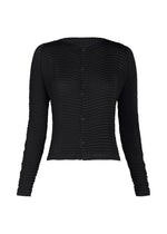 A product shot of the ISSEY MIYAKE SUEDE LIKE PLEATS cardigan in black.