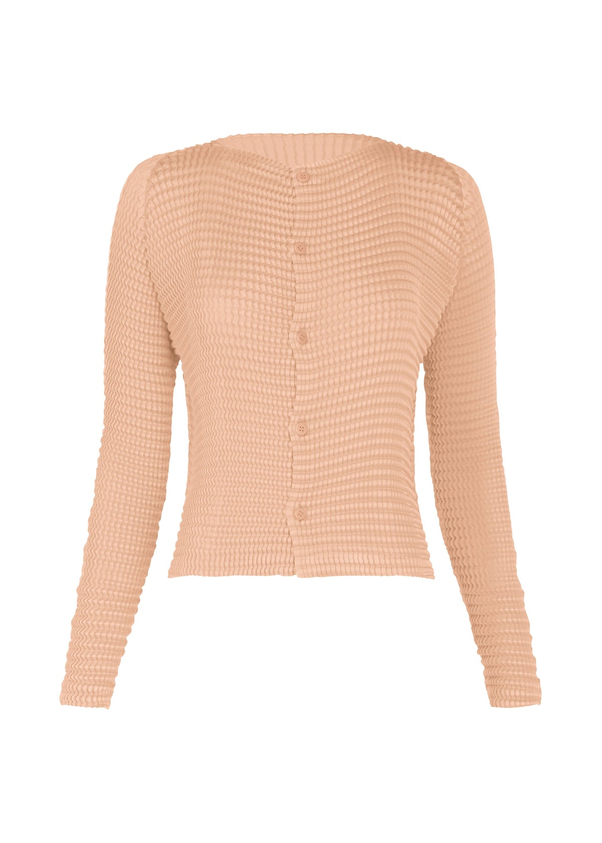 A product shot of the ISSEY MIYAKE SUEDE LIKE PLEATS cardigan in light pink.