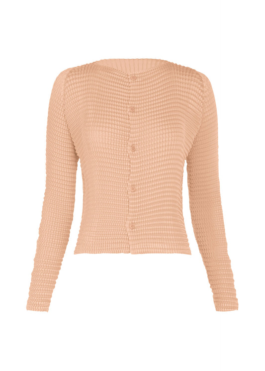 A product shot of the ISSEY MIYAKE SUEDE LIKE PLEATS cardigan in light pink.