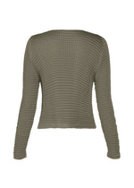 A detail shot of the ISSEY MIYAKE SUEDE LIKE PLEATS cardigan.