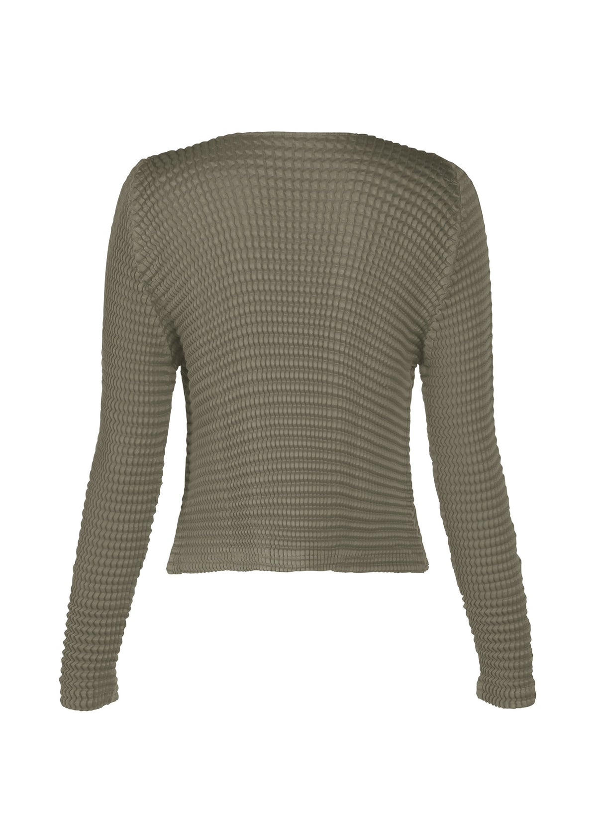 A detail shot of the ISSEY MIYAKE SUEDE LIKE PLEATS cardigan.
