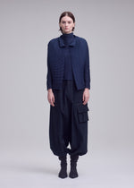 A model wears the ISSEY MIYAKE WOOLY PLEATS-68 cardigan.