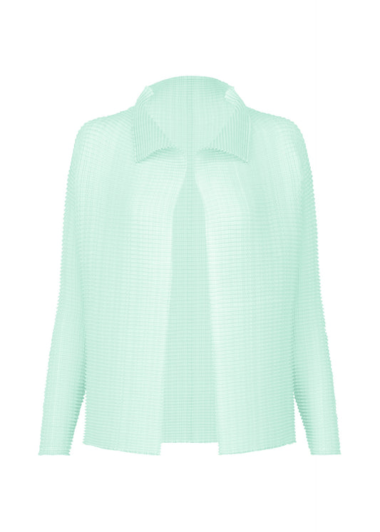 A product shot of the ISSEY MIYAKE WOOLY PLEATS-68 cardigan in light blue.
