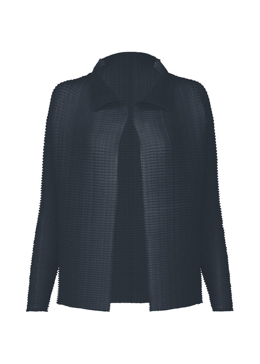 A product shot of the ISSEY MIYAKE WOOLY PLEATS-68 cardigan in dark navy.